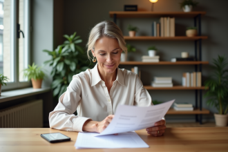 Femme d'âge moyen organise ses papiers à la maison