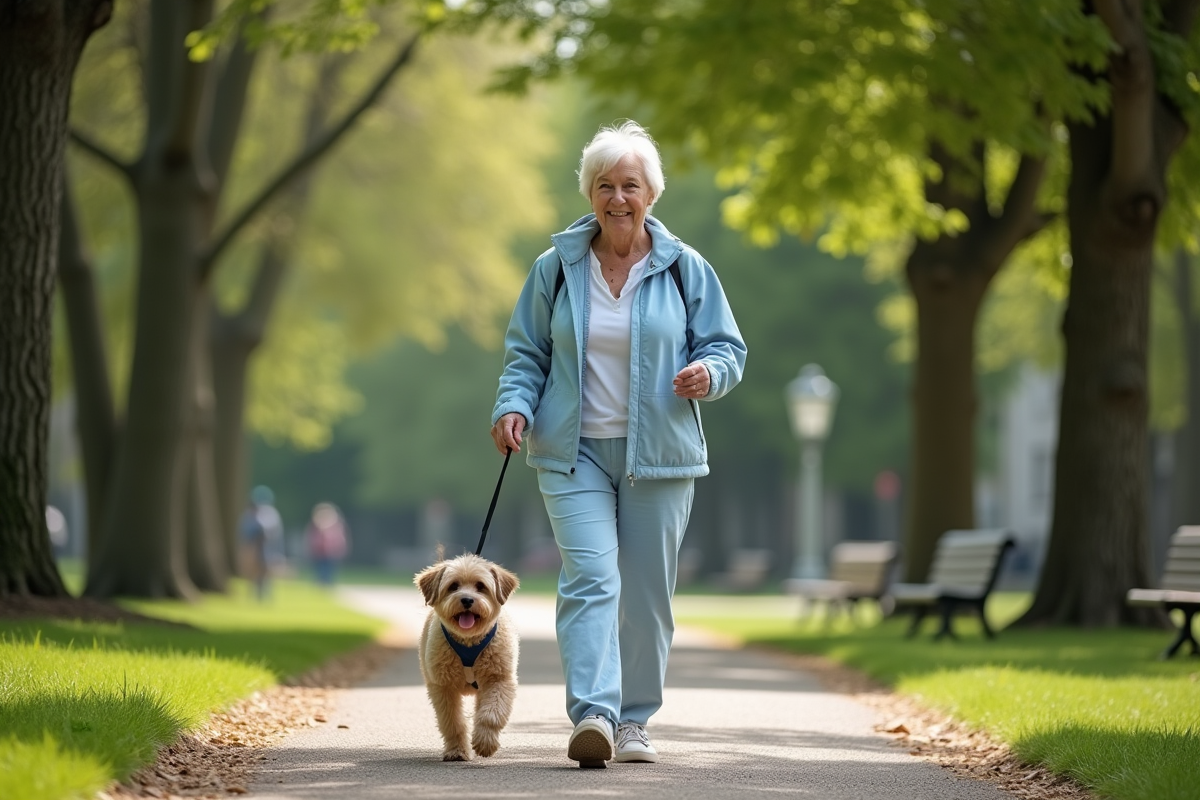 Femme active marchant dans un parc avec son chien