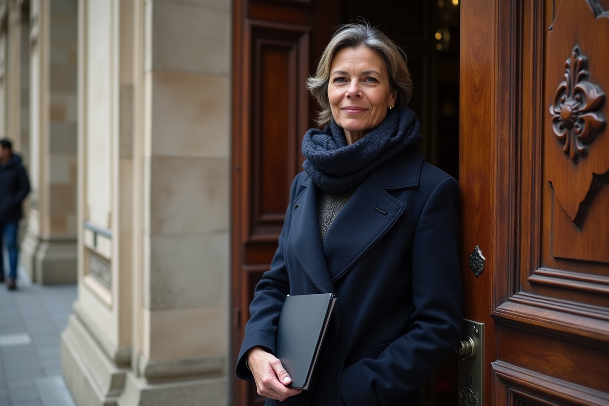 Femme maghrebine élégante devant une porte en France