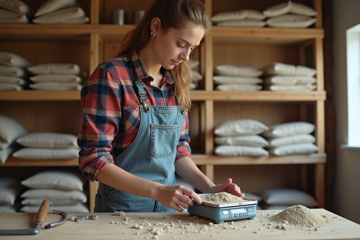 Jeune femme pesant du sable et de la chaux dans un atelier