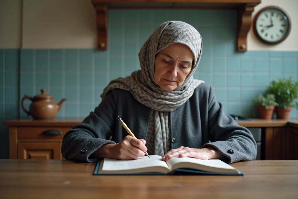 Femme âgée notant les heures de prière dans sa maison à Compiègne