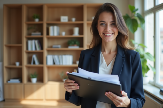 Femme professionnelle en blazer bleu dans un salon moderne