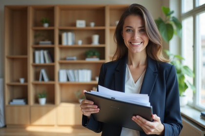 Femme professionnelle en blazer bleu dans un salon moderne