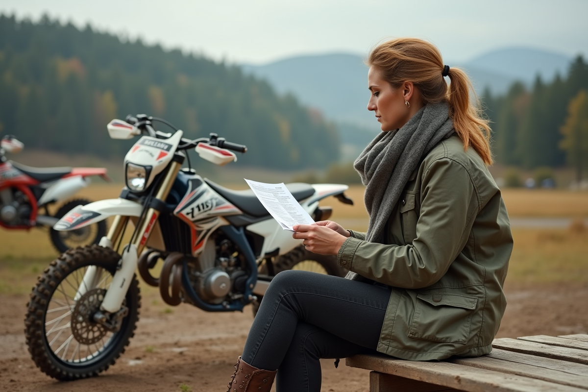 Femme compare brochures de motocross en milieu rural