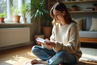 Femme pensante avec un carnet et le chiffre 1441
