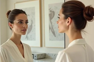 Femme regardant son reflet dans une clinique moderne