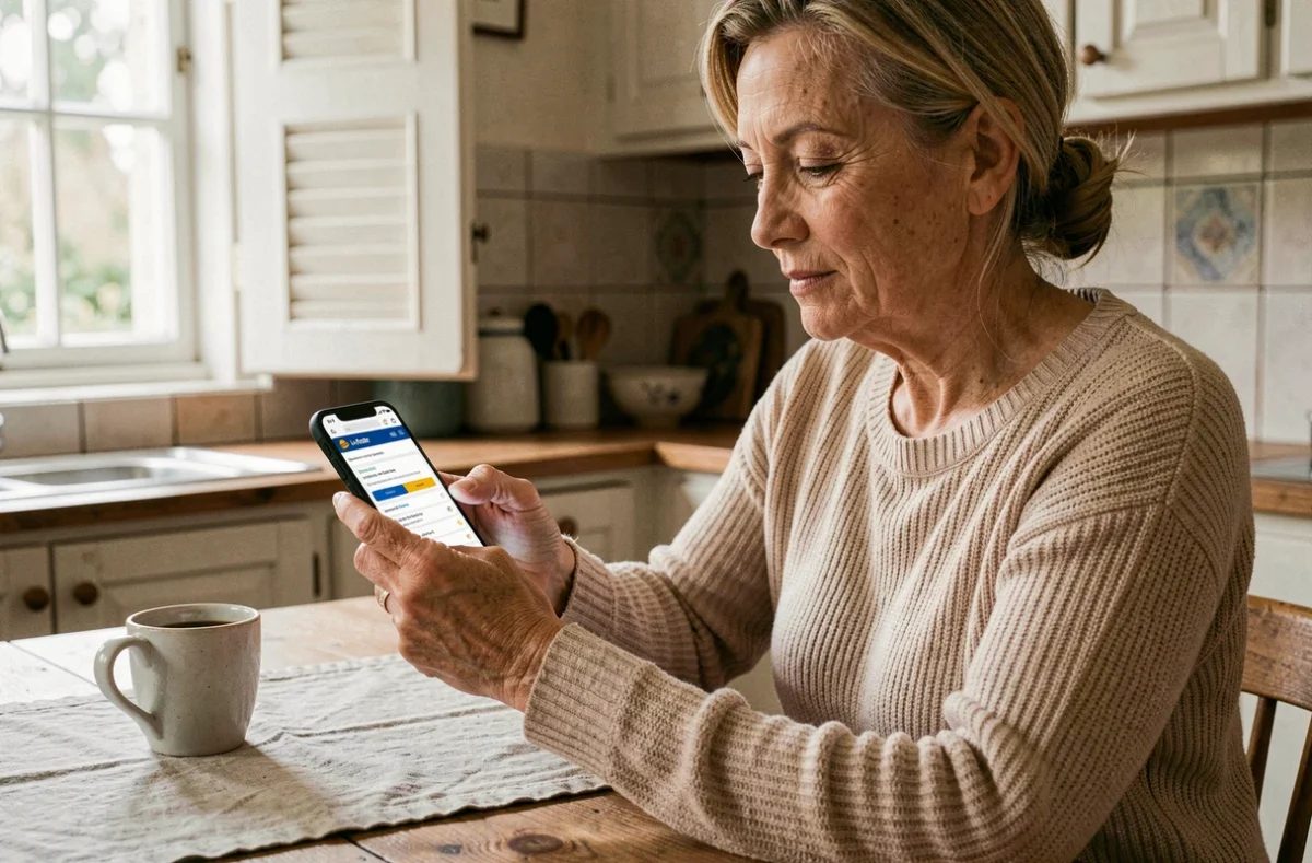 Femme reprogrammant une livraison La Poste sur smartphone depuis sa cuisine