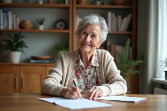 Femme retraitée souriante lisant des papiers à la maison