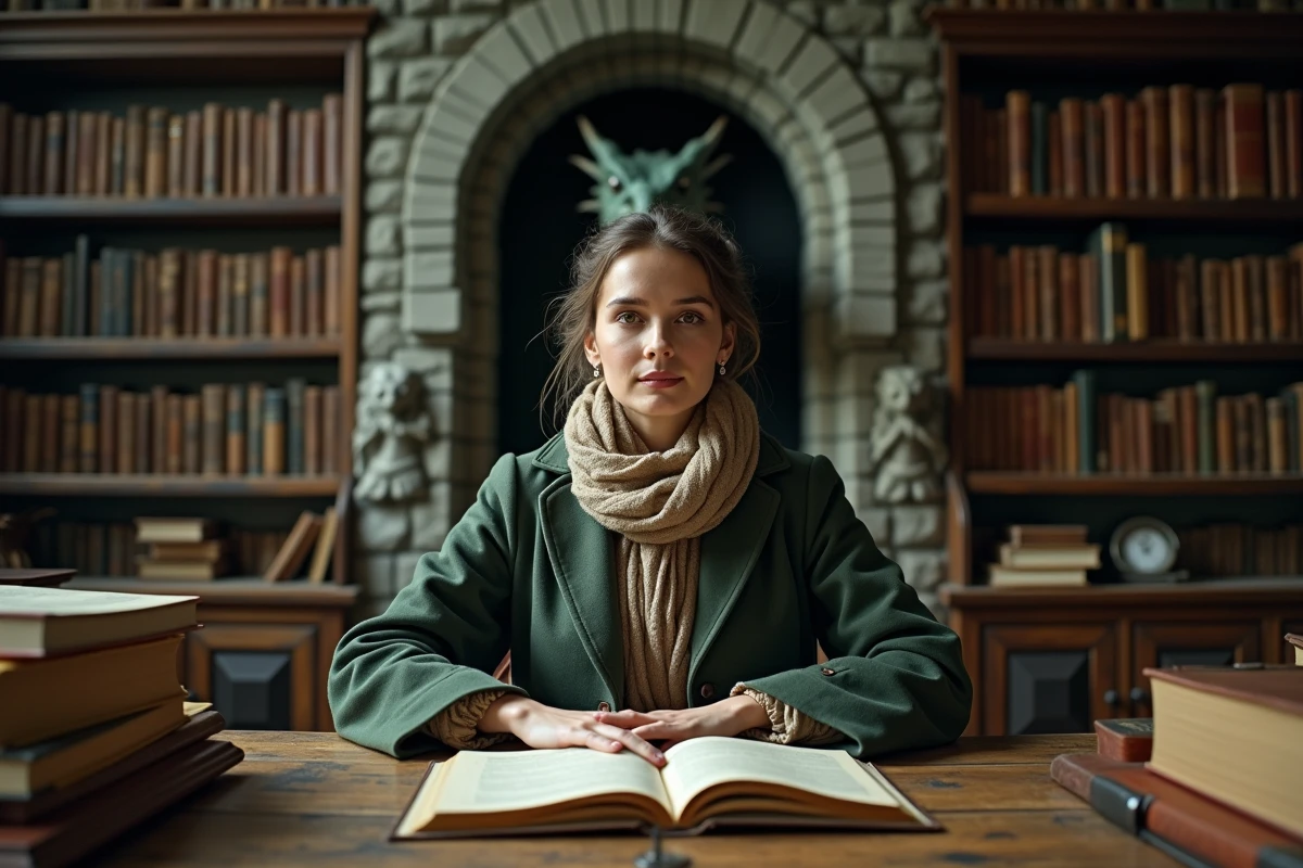 Femme assise dans une bibliothèque avec un dragon derrière la fenêtre