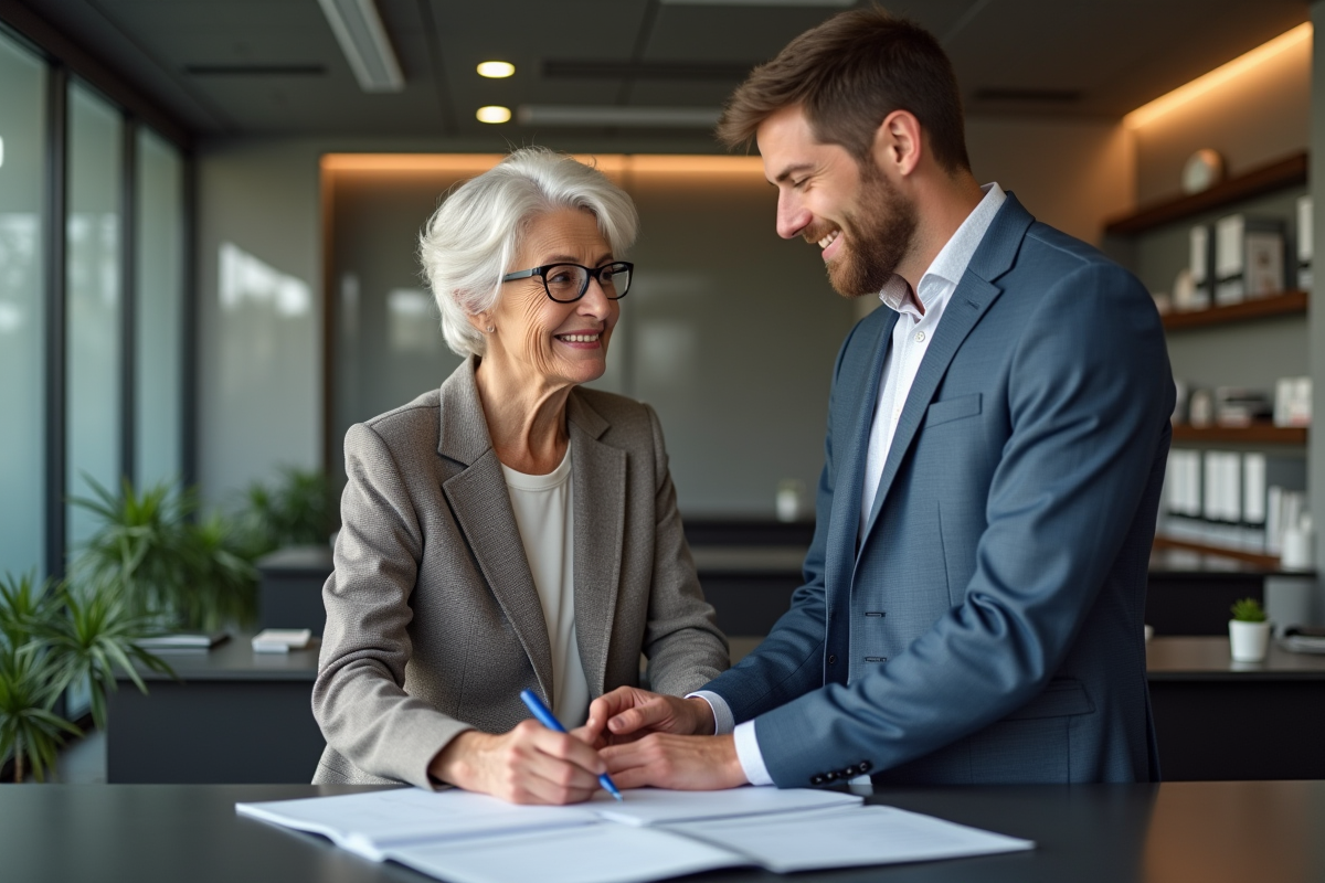 Femme âgée et son fils signant des documents en banque