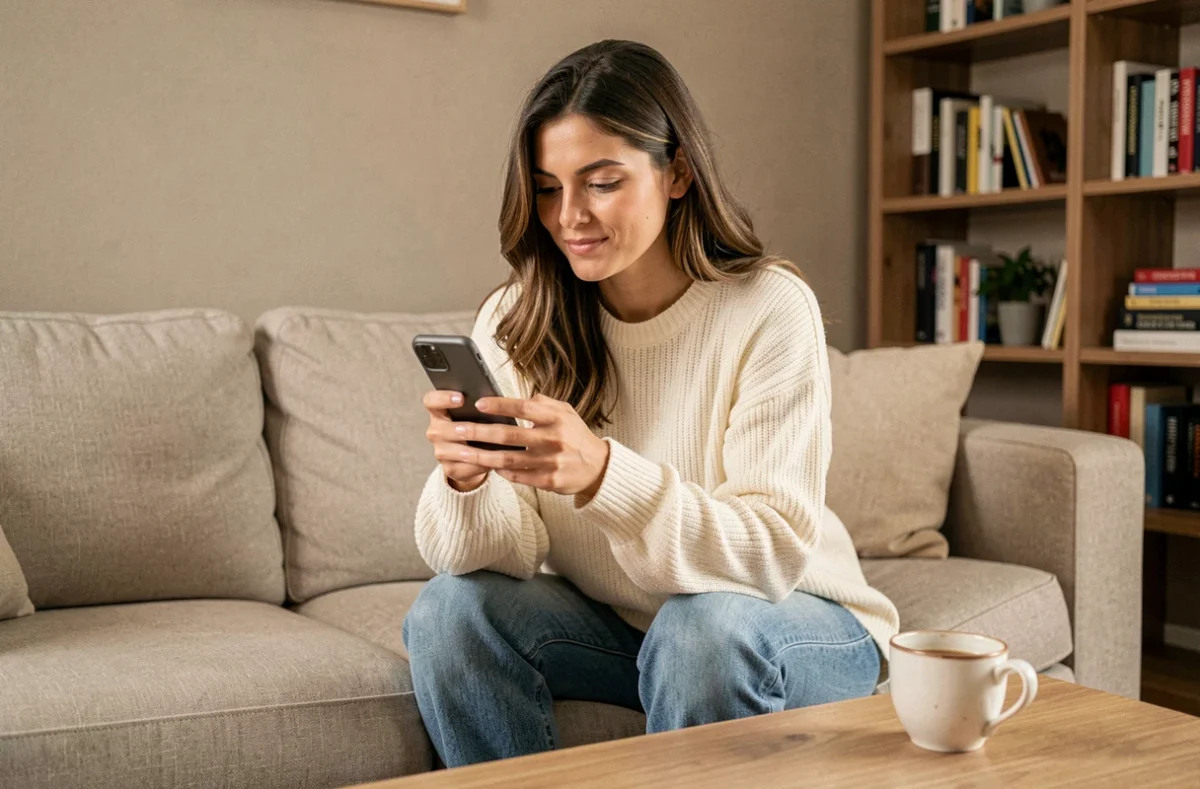 Femme lisant un message GDB sur son smartphone depuis son canapé avec une expression réfléchie
