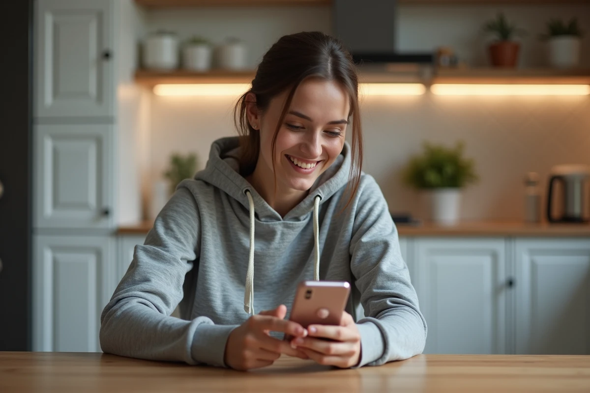 Jeune femme souriante utilisant son smartphone pour récupérer des liens de dés gratuits sur Monopoly GO