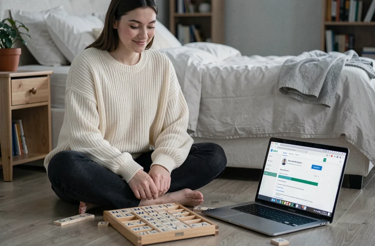 Jeune femme utilisant un solveur de mots en ligne sur ordinateur portable avec un jeu de lettres