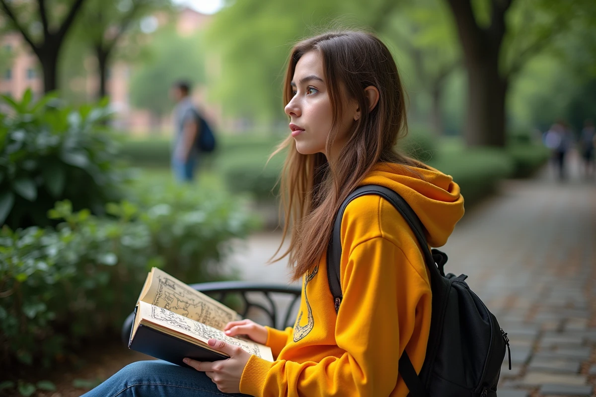 Jeune femme énergique avec carnet de cartes dofus dans un parc