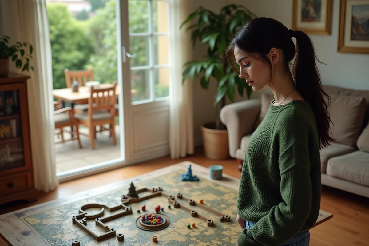 Femme jouant à un jeu de stratégie avec des figurines