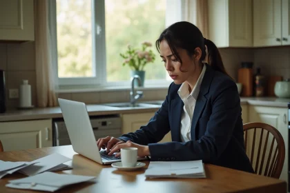 Femme regardant une bande-annonce sur Netflix avec une expression de tension dans une cuisine réaliste