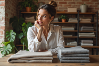 Femme élégante compare un pull en cachemire et échantillons de tissus