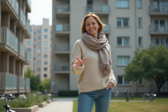 Femme urbaine devant immeuble HLM en extérieur