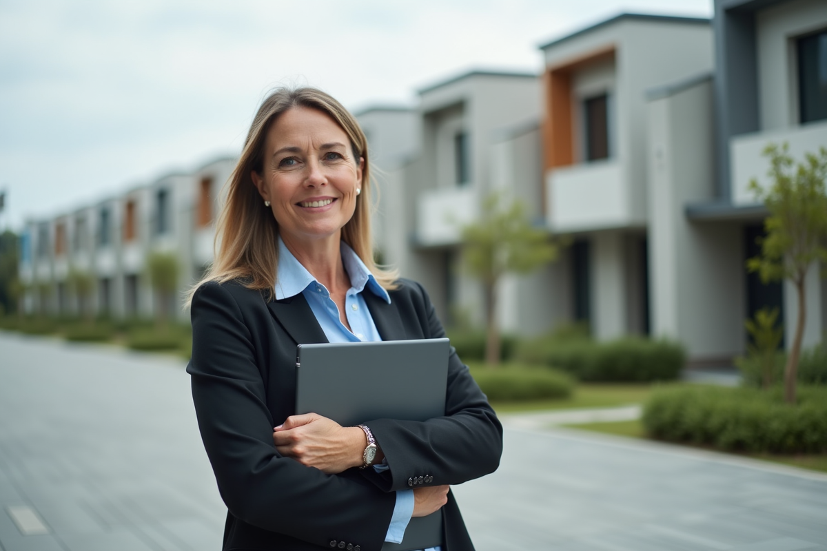 Femme confiante tenant un dossier devant des maisons modernes