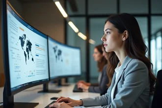 Femme professionnelle consultant un tableau de bord de veille médiatique sur grand écran dans un bureau moderne