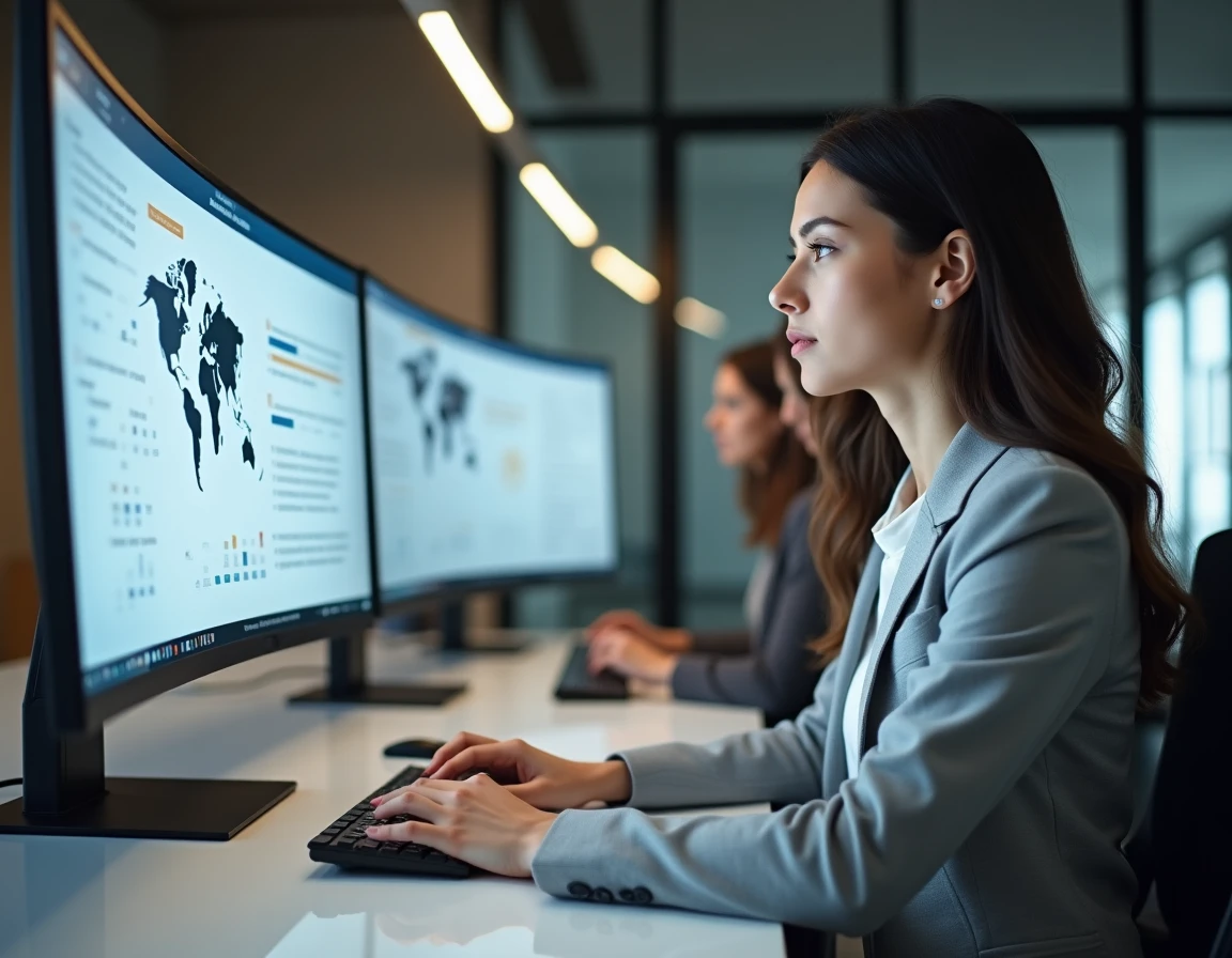 Femme professionnelle consultant un tableau de bord de veille médiatique sur grand écran dans un bureau moderne