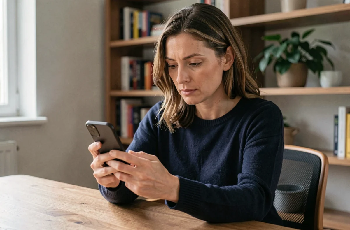 Femme examinant attentivement un SMS reçu d'un numéro international inconnu sur son smartphone, assise à un bureau à domicile