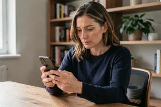 Femme examinant attentivement un SMS reçu d'un numéro international inconnu sur son smartphone, assise à un bureau à domicile