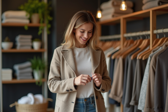 Femme souriante inspectant un pull en boutique de vetements