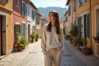 Jeune femme souriante dans un village du sud de la France