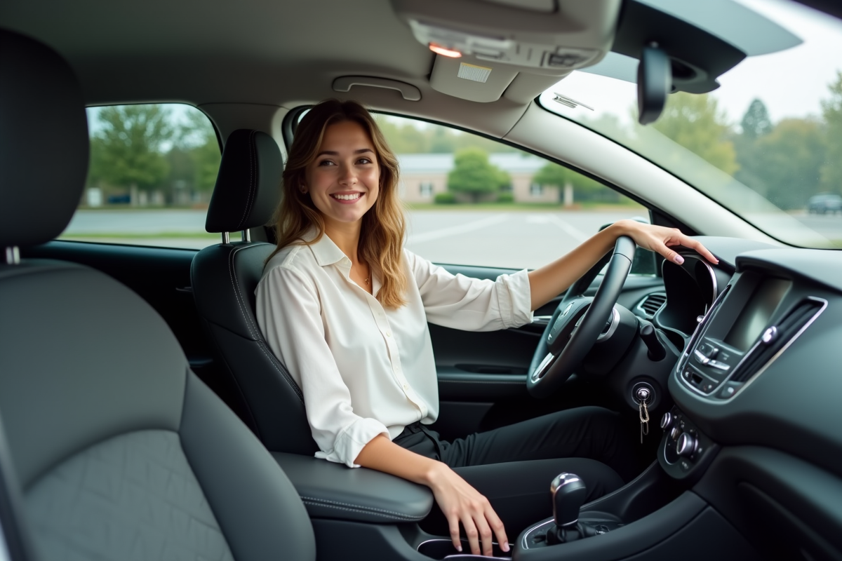 Femme souriante dans une voiture compacte neuve
