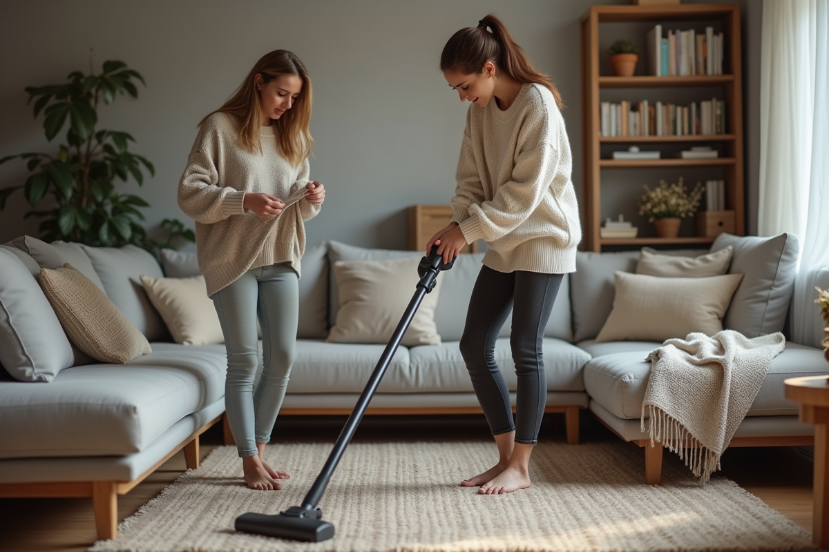 Deux femmes faisant le ménage dans le salon