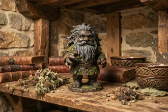 Figurine artisanale d'un korrigan breton posée sur une étagère en bois avec livres anciens et herbes séchées, évoquant la mythologie celtique