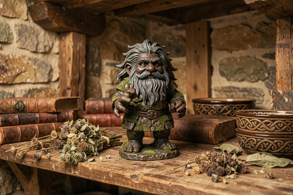 Figurine artisanale d'un korrigan breton posée sur une étagère en bois avec livres anciens et herbes séchées, évoquant la mythologie celtique