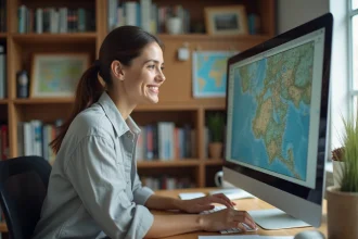 Femme analysant des fiches de villes sur un ordinateur de bureau pour trouver la ville idéale grâce aux filtres de recherche avancés