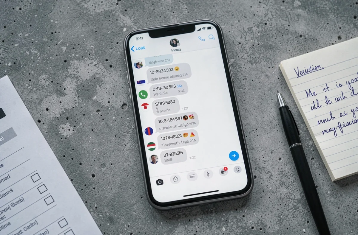 Vue aérienne d'un smartphone affichant des SMS de numéros internationaux avec des notes de vérification manuscrites sur un bureau en béton