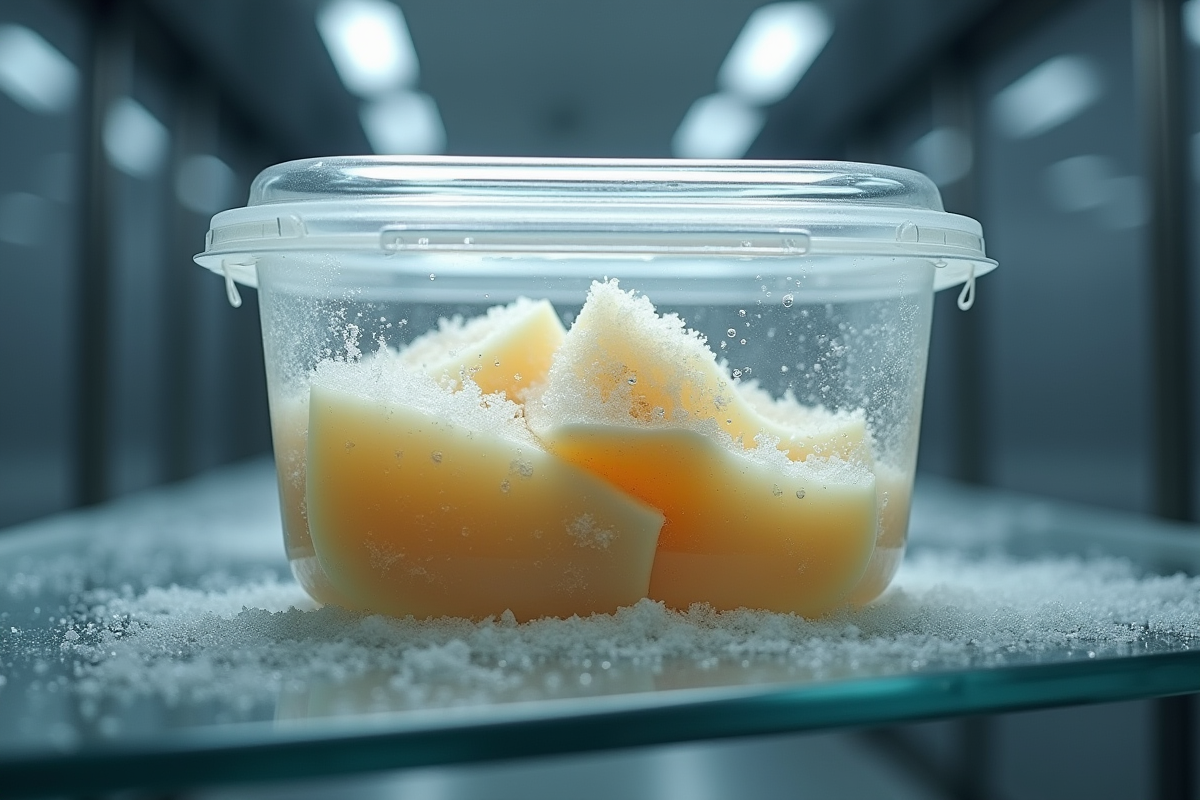 Contenant de foie gras congelé avec condensation dans un congélateur moderne