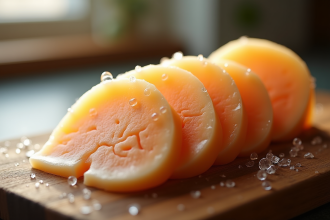 Tranches de foie gras sur une planche en bois avec cristaux de glace