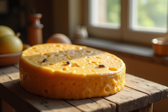 Fromage corse traditionnel avec larves sur une table en bois