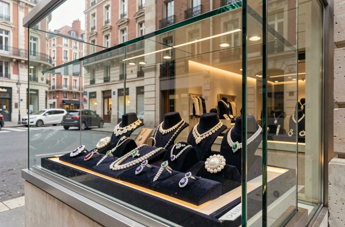Vitrine de haute joaillerie de Gabriel Joaillier à Toulouse avec diamants et pierres précieuses