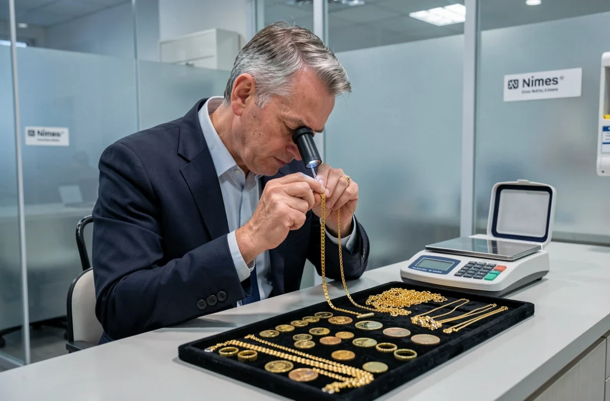 Expert en rachat d'or de Gold and Silver France Paris SAS examinant des bijoux à Nîmes