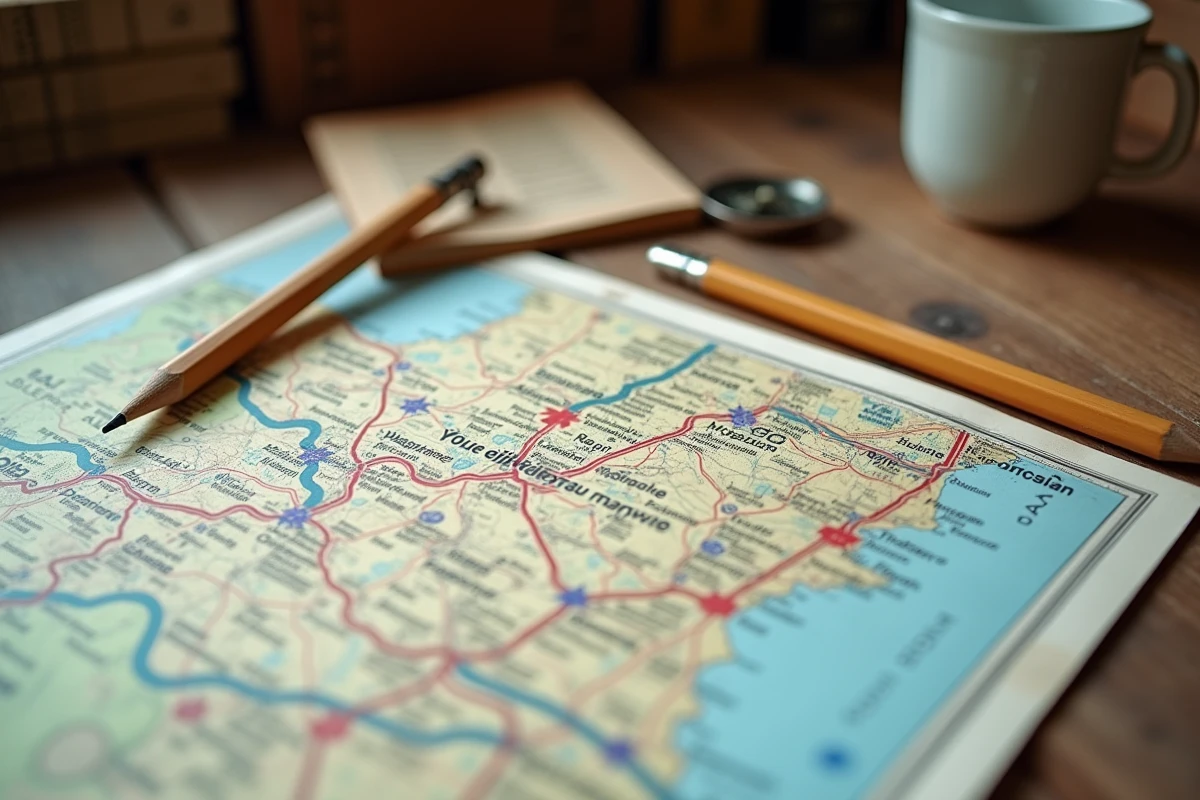 Gros plan sur une carte routière du département de l'Orne avec boussole et crayon sur table en bois