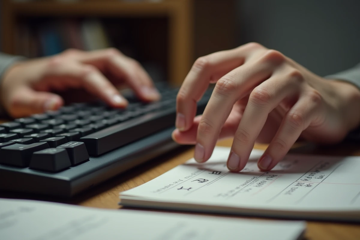 Gros plan sur des mains au-dessus d'un clavier mécanique avec une fiche mémo manuscrite des raccourcis pour les accents majuscules