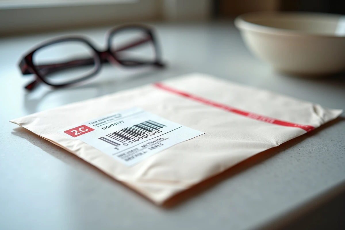 Gros plan sur le numéro de suivi d'un recommandé 2C La Poste posé sur un plan de travail