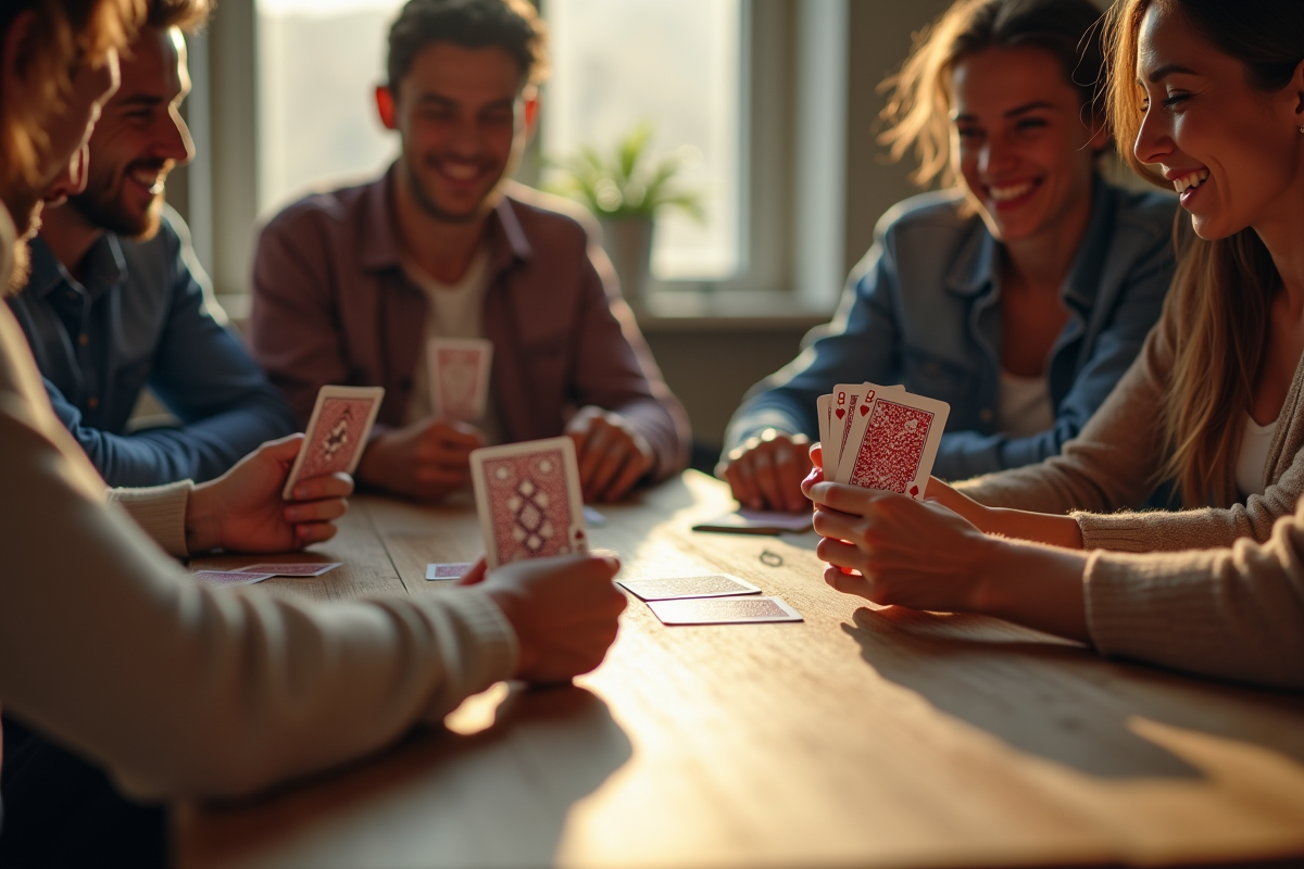 Groupe d'amis jouant à la belote autour d'une table en journée