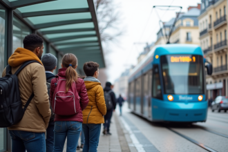 Groupe divers d'adultes et enfants attendant le tram en ville