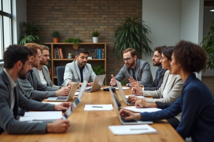 Groupe divers de professionnels en réunion de travail