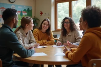 Groupe diversifié en discussion dans un centre communautaire