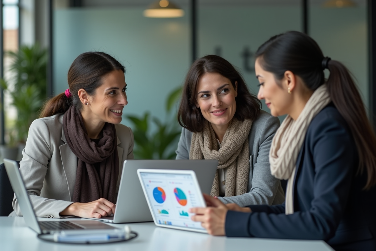 Groupe de trois collègues discutant stratégies d