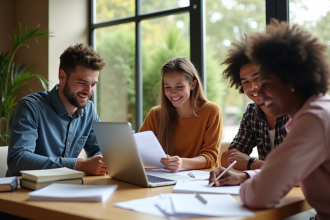 Groupe d'étudiants souriants avec documents de bourse et ordinateur