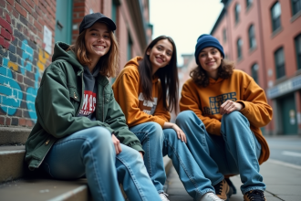 Groupe de jeunes en streetwear devant un mur graffiti urbain